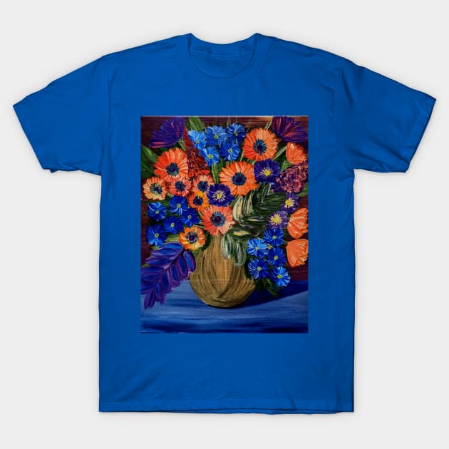 Bright and colorful abstract flowers in a bronze and purple vase T-Shirt by kkartwork